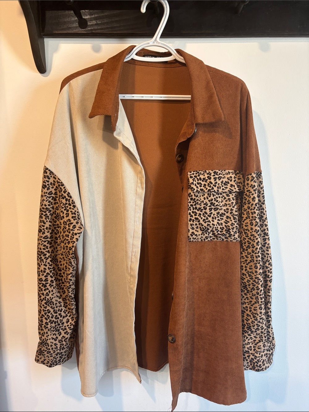 SHEIN Colorblock Button-Down Shirt Jacket in Brown, Cream, Leopard